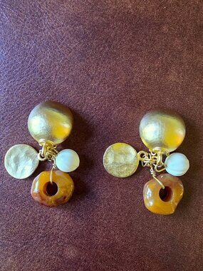 Vintage "Vo" Signed Gold Earth Tone Clip-On Dangle Earrings
